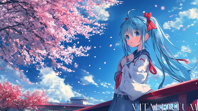 Blue haired schoolgirl stands beneath vivid cherry blossoms