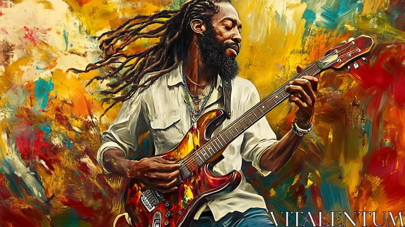 Expressive guitarist in dynamic brushstroke portrait painting.