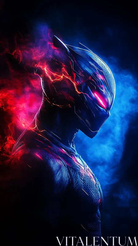 Cybernetic speed warrior in neon smoke-lit profile portrait.