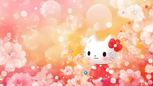 Cute white cat in red dress amid glowing cherry blossoms.