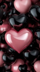 Glossy 3D Heart Spheres: Pink and Black Reflective Polymer Composition