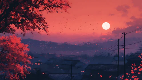 Nocturnal redscape over misty rooftops and rising full moon.