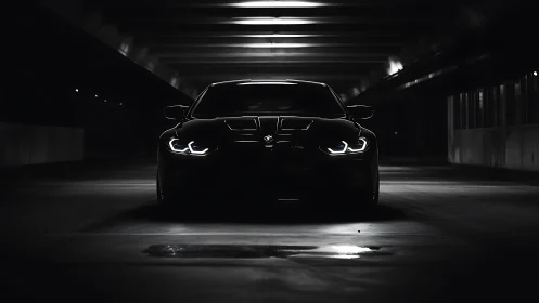 Black sports coupe dominates shadowed parking garage.
