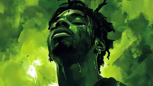 Neon green portrait captures soulful release in abstract light