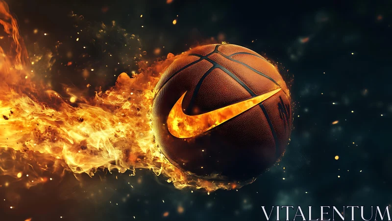 Burning basketball with prominent swoosh logo in motion shot.