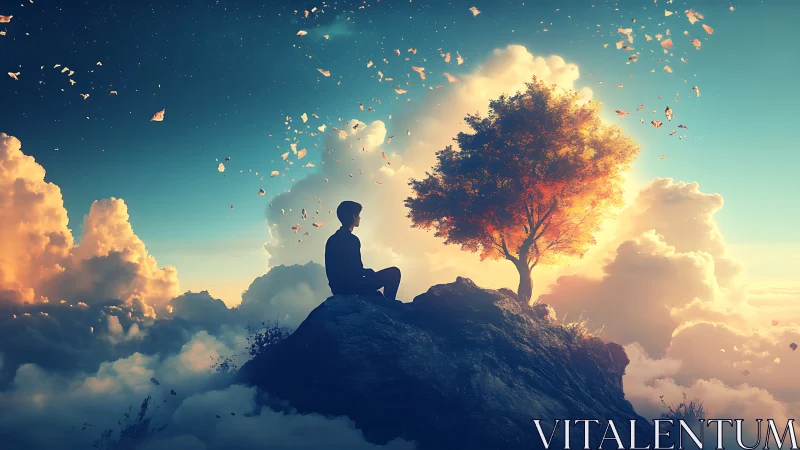 Silhouette figure sits on rocky peak beside illuminated tree