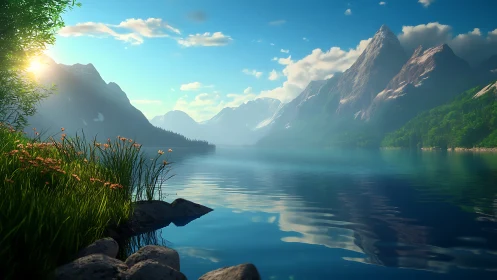 Sunlit mountain lake quietly rehearses a morning symphony