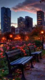 Cozy city park benches glowing against a colorful dusk skyline.