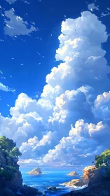 Vertical cloud formation rises over rocky coastal inlet