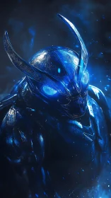 Blue void sentinel in gleaming insectoid battle armor.