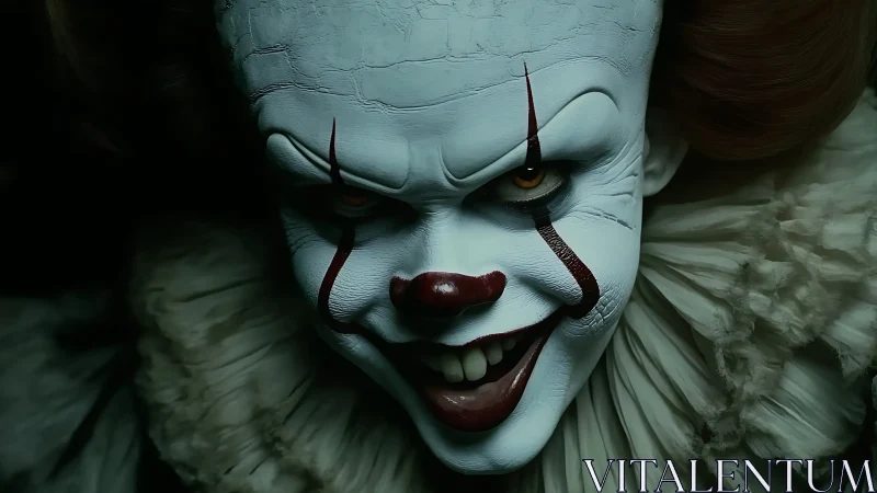 Sinister carnival grin glowing from the shadowed darkness.