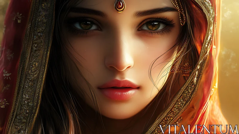 Digital portrait of woman in ornate red headscarf veil.