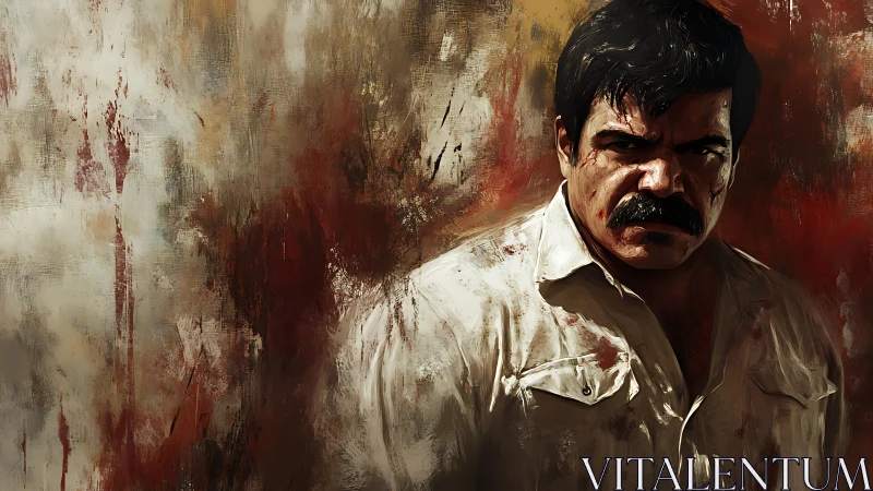 Intense mustached man against rough abstract backdrop.