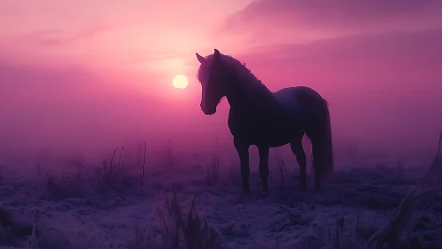 Silhouetted horse stands in fog under uniform magenta sunset