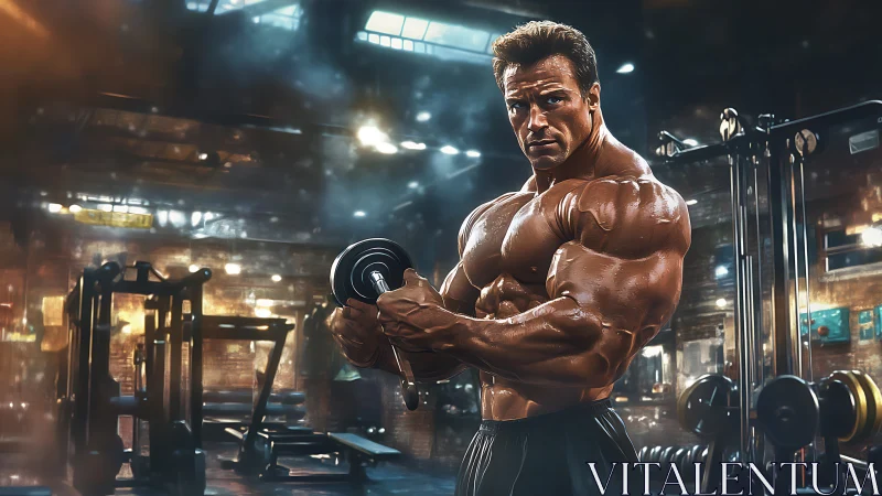 Hyperreal bodybuilder executing dumbbell curl in moody gym