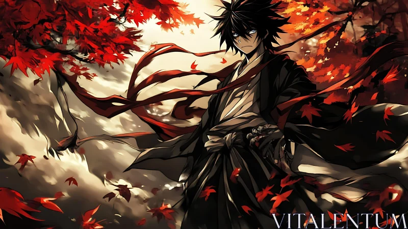 Samurai figure under red maple foliage in dynamic wind.