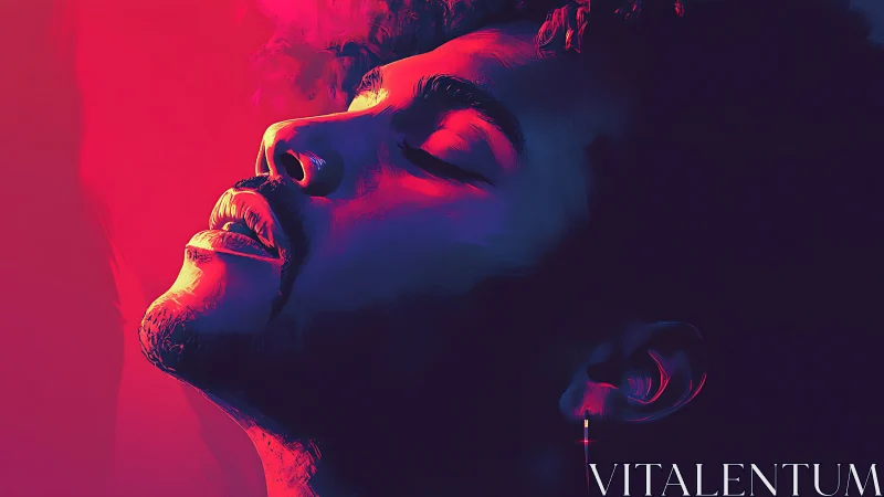 Portrait in neon gradients with closed eyes and earbuds.