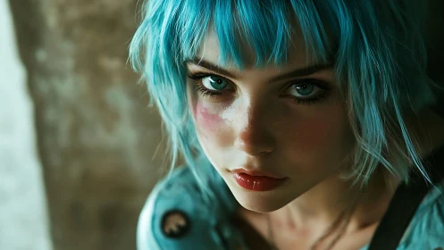 Close cropped view of young person with teal hair and gaze.