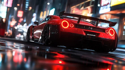 Red supercar under neon rain on wet city street at night.
