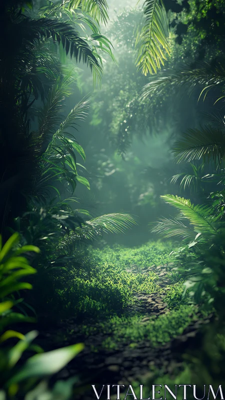 Misty jungle canopy pathway with golden sunlight filtering through.