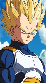 Sky-scorching warrior stands armored beneath roaring clouds