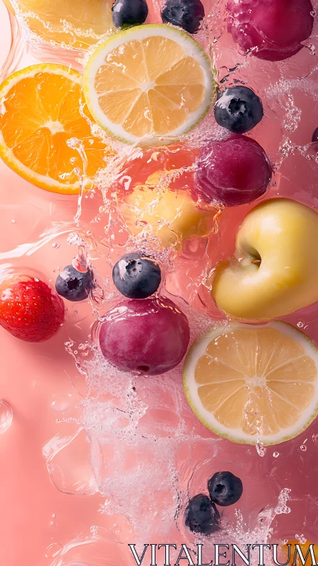 Citrus slices and whole fruits splash through pink water