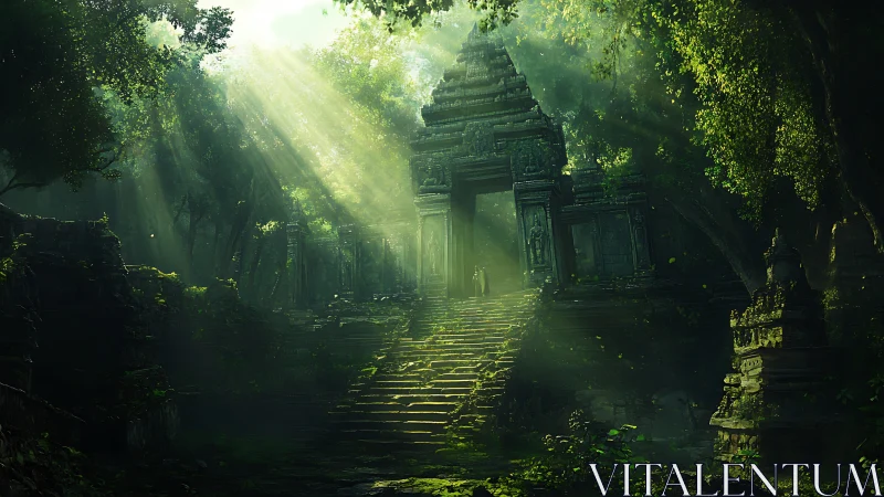 Stone temple entrance in dense forest with slanting light rays.