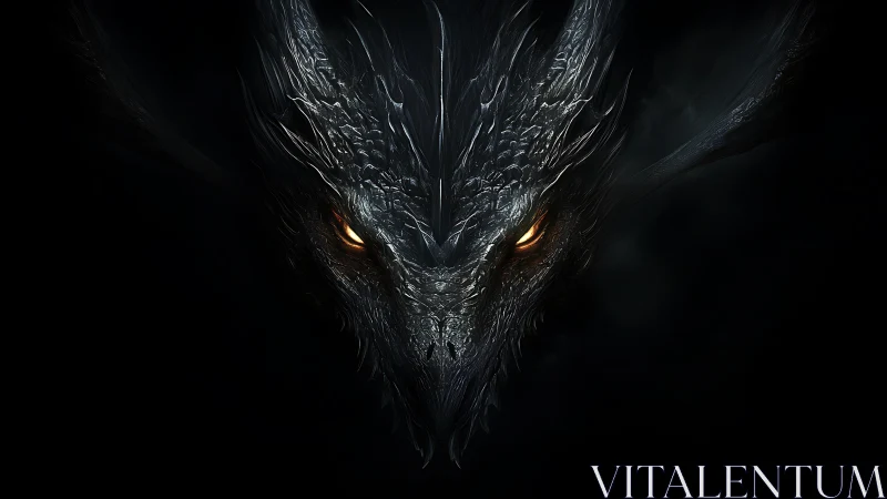 Shadowed dragon gaze with glowing ember eyes at rest.