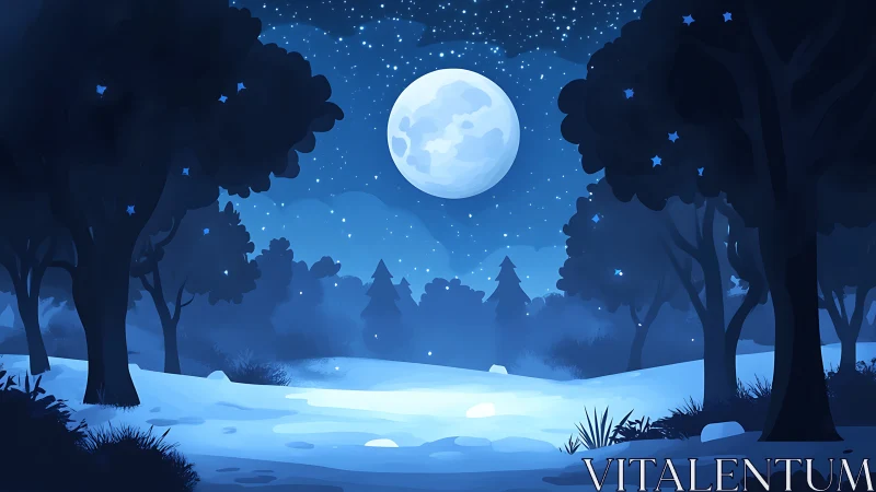 Winter Forest Night Under Full Moon.