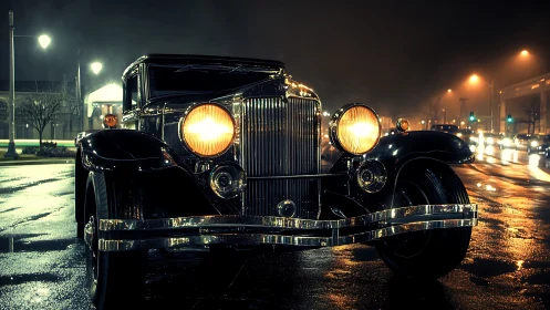 Midnight classic car glows warmly on a rain-slick city street