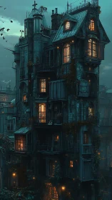 Tall ivy-covered house with lit windows at dusk in rain.