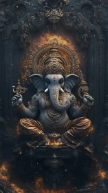 Digital Ganesha deity in ornate golden temple setting.