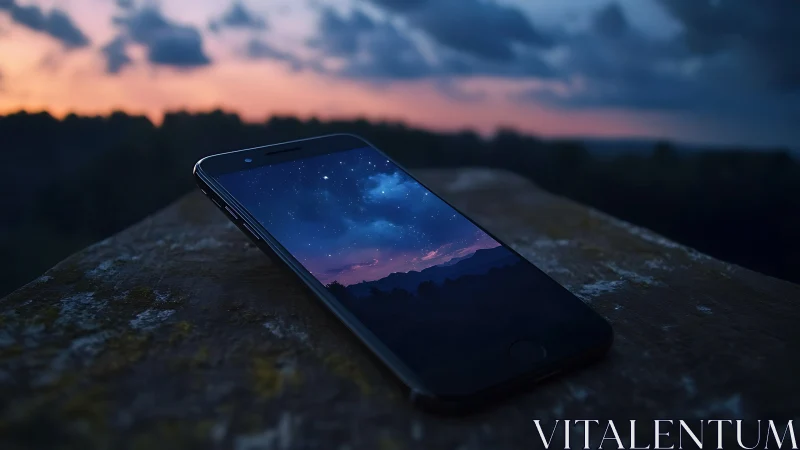 Pocket galaxy on stone: night-sky smartphone gateway dream.