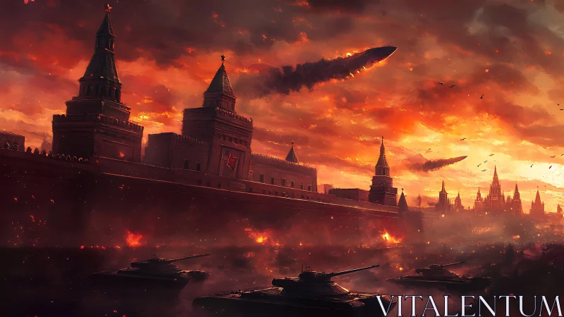 Burning fortress skyline under a storm of falling fire.