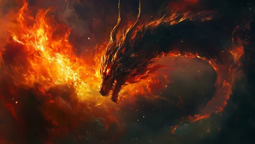 Fire dragon unleashes blazing inferno across dark sky.
