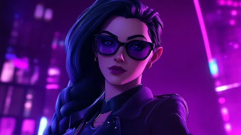 Neon-lit cyberpunk portrait with sleek urban character design.