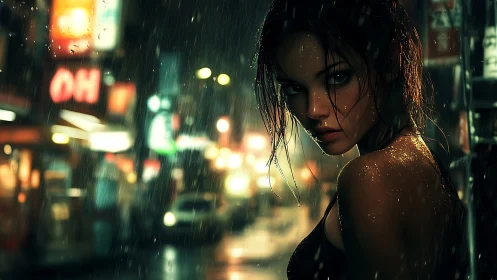 Mysterious woman stands in neon‑lit rain on a city street.