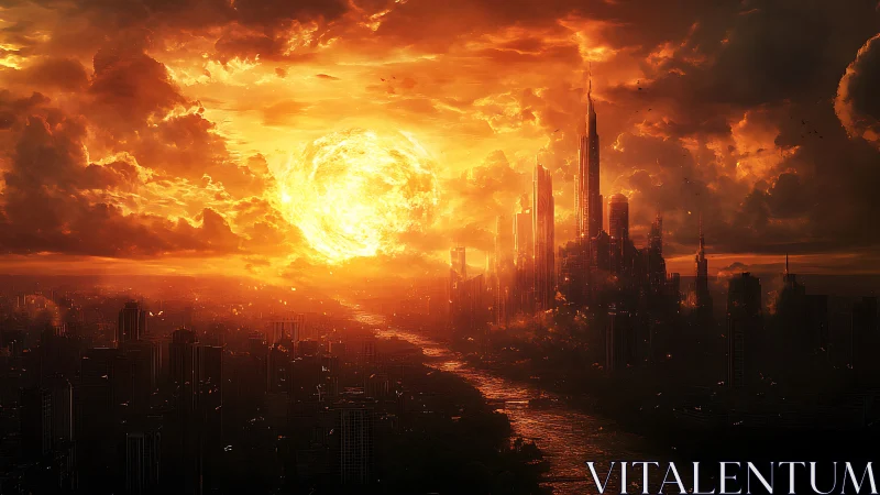 Apocalyptic skyline under expanding solar flare illuminates river corridor