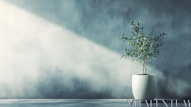 Minimalist potted plant under soft diagonal sunlight beam.
