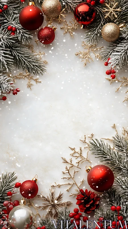 Christmas baubles with frosted fir, berries and gold snowflakes.