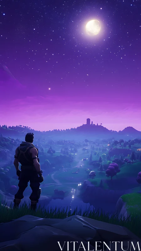 Lone avatar surveying violet-lit game valley under moonlight.