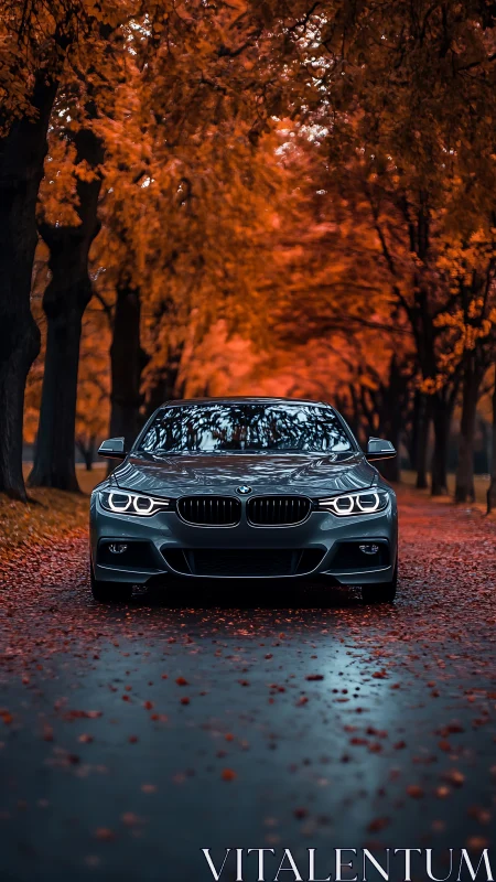 Sport sedan framed by autumn trees under cinematic lighting
