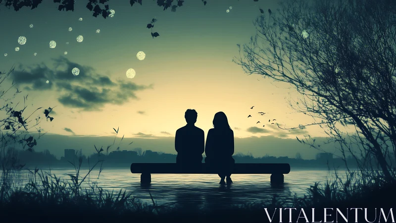 Two figures seated on submerged bench at water's edge during twilight