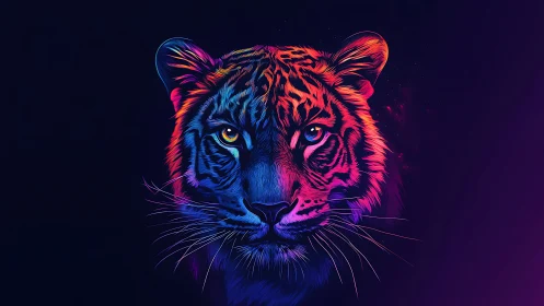 Neon-lit tiger portrait renders bilateral chromatic contrast