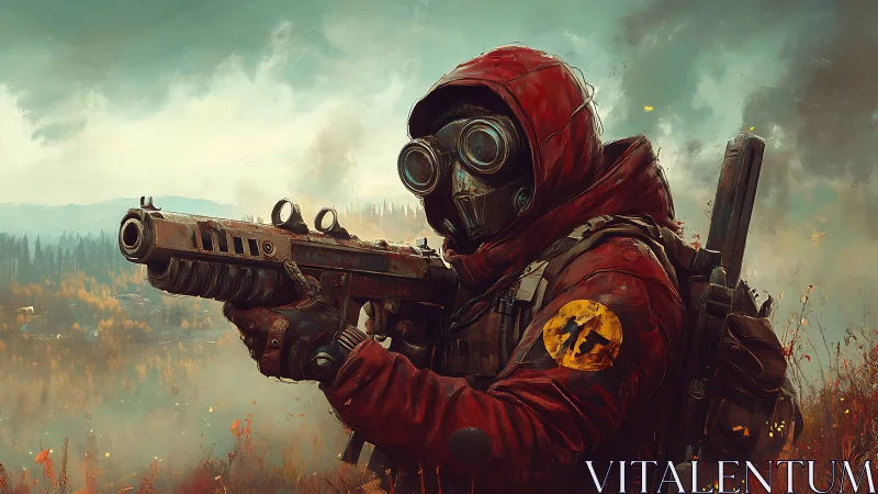 Post apocalyptic soldier with gas mask and rifle in field.