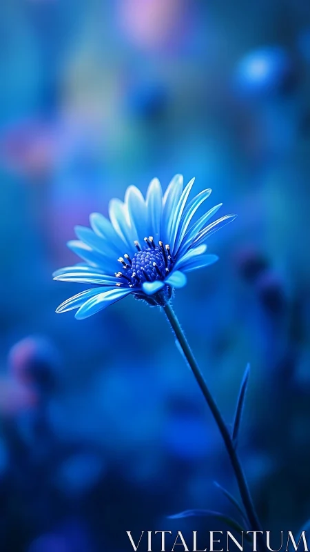 Single blue flower in soft blurred blue background.