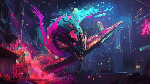 Neon cosmic serpent crashes through cyberpunk cityscape.