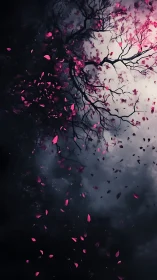 Midnight blossom tree shedding vivid petals into void.