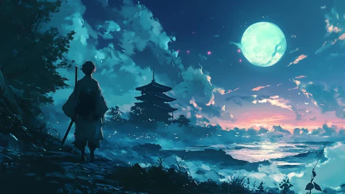Lunar-illuminated samurai coast with silhouetted pagoda vista.