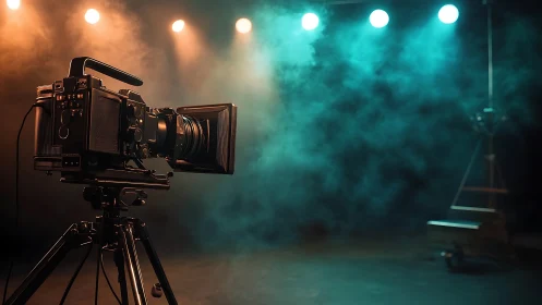Cinema camera on tripod under teal and amber stage haze.